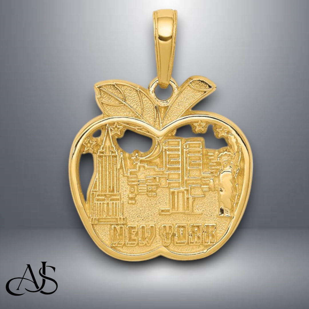 14K Yellow Gold NEW YORK City Skyline in Apple Pendant with Necklace Chain Options