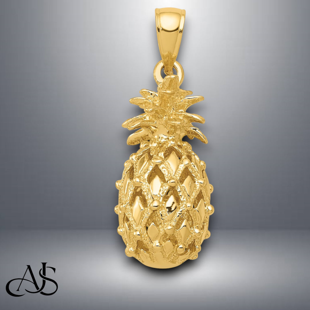 14K Yellow Gold 3-D Cut-Out Pineapple Pendant with Necklace Chain Options