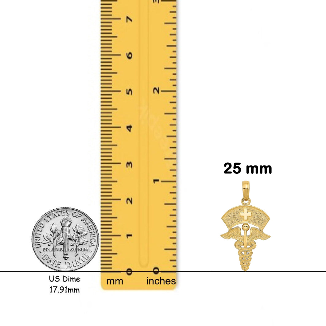 14K Yellow Gold Caduceus w/Nurses Cap Pendant with Necklace Chain Options