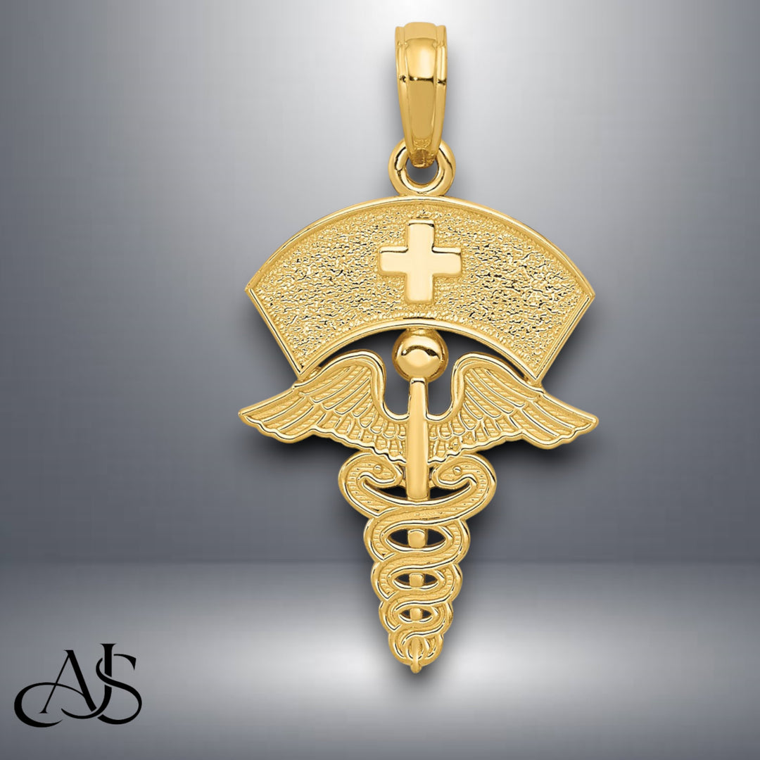14K Yellow Gold Caduceus w/Nurses Cap Pendant with Necklace Chain Options