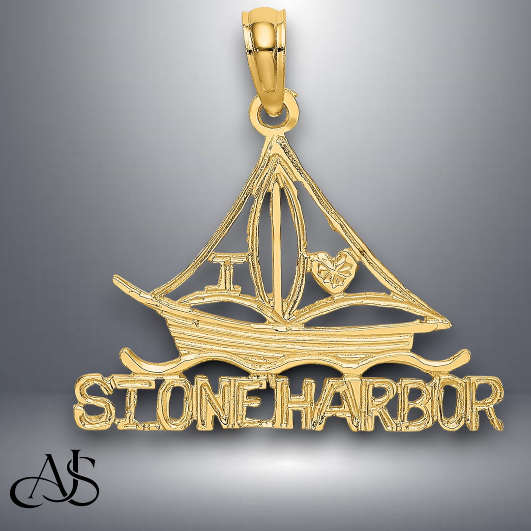 14K Yellow Gold I LOVE STONE HARBOR Sailboat Charm with Necklace Chain Options