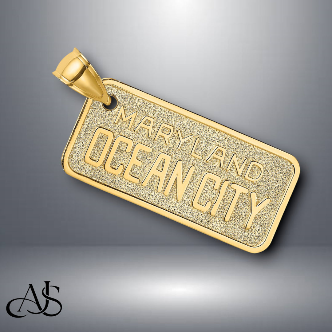 14K Yellow Gold MARYLAND OCEAN CITY License Plate Charm with Necklace Chain Options