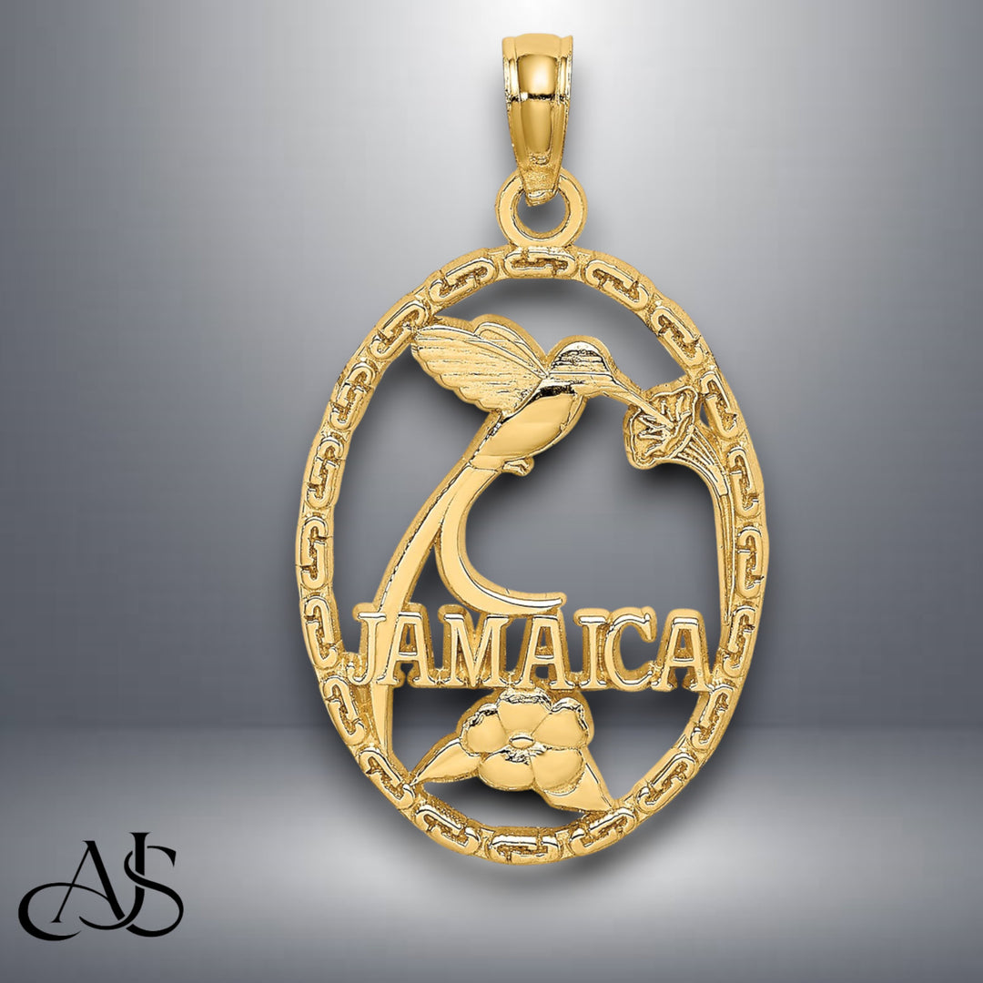 14K Yellow Gold JAMAICA w/Bird and Flowers Charm with Necklace Chain Options