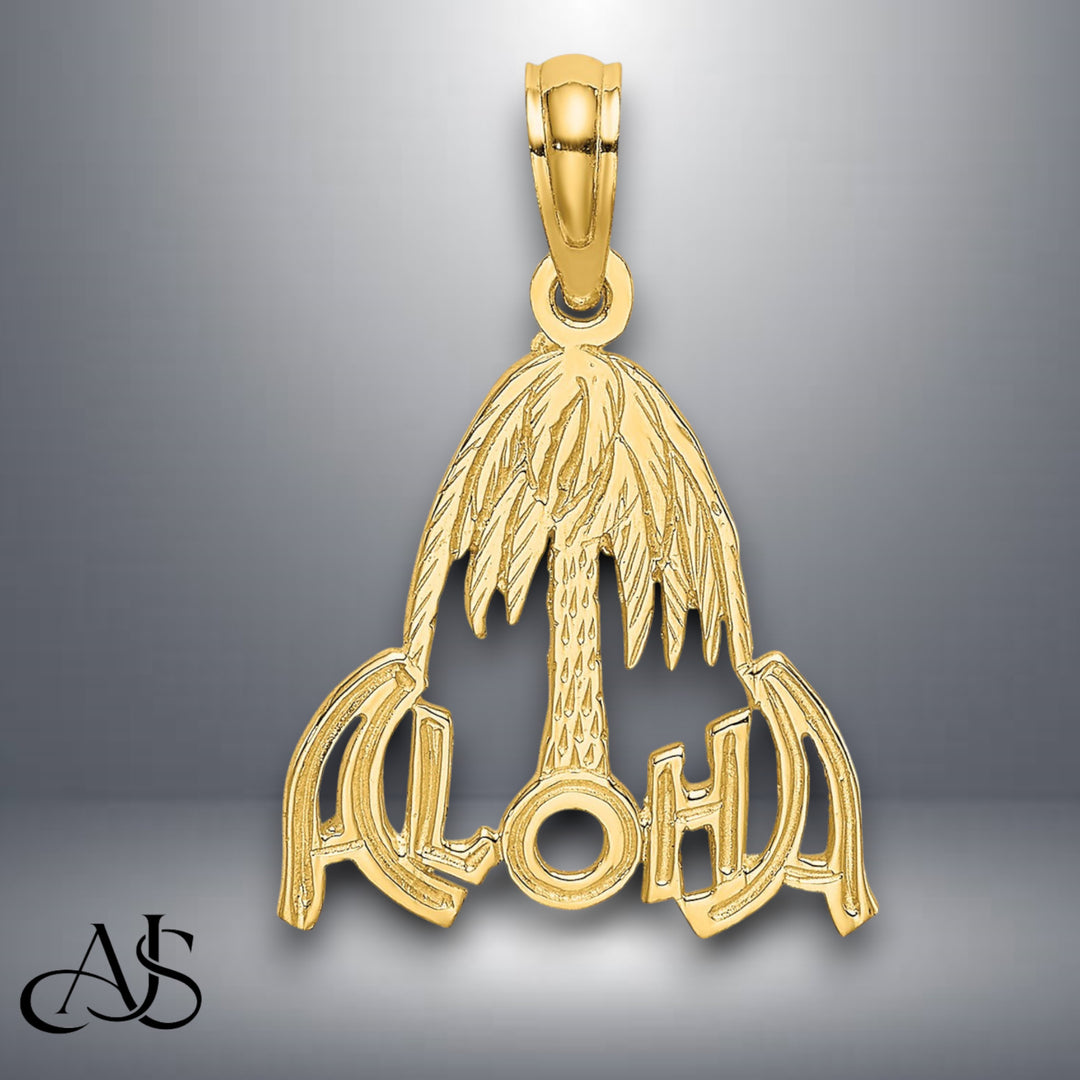 14K Yellow Gold ALOHA Palm Tree Charm with Necklace Chain Options