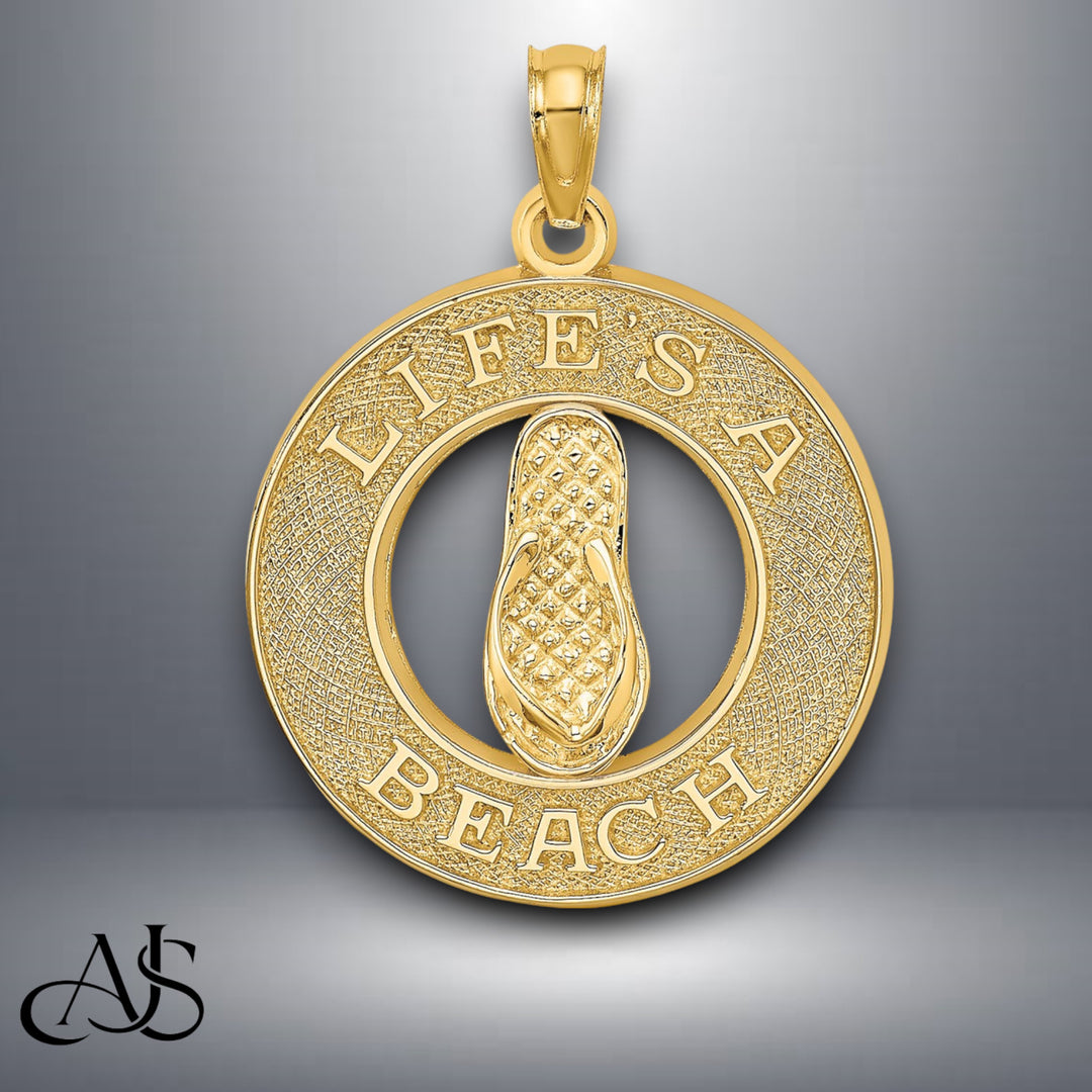 14K Yellow Gold LIFES A BEACH Circle W/Flip-Flop Charm with Necklace Chain Options
