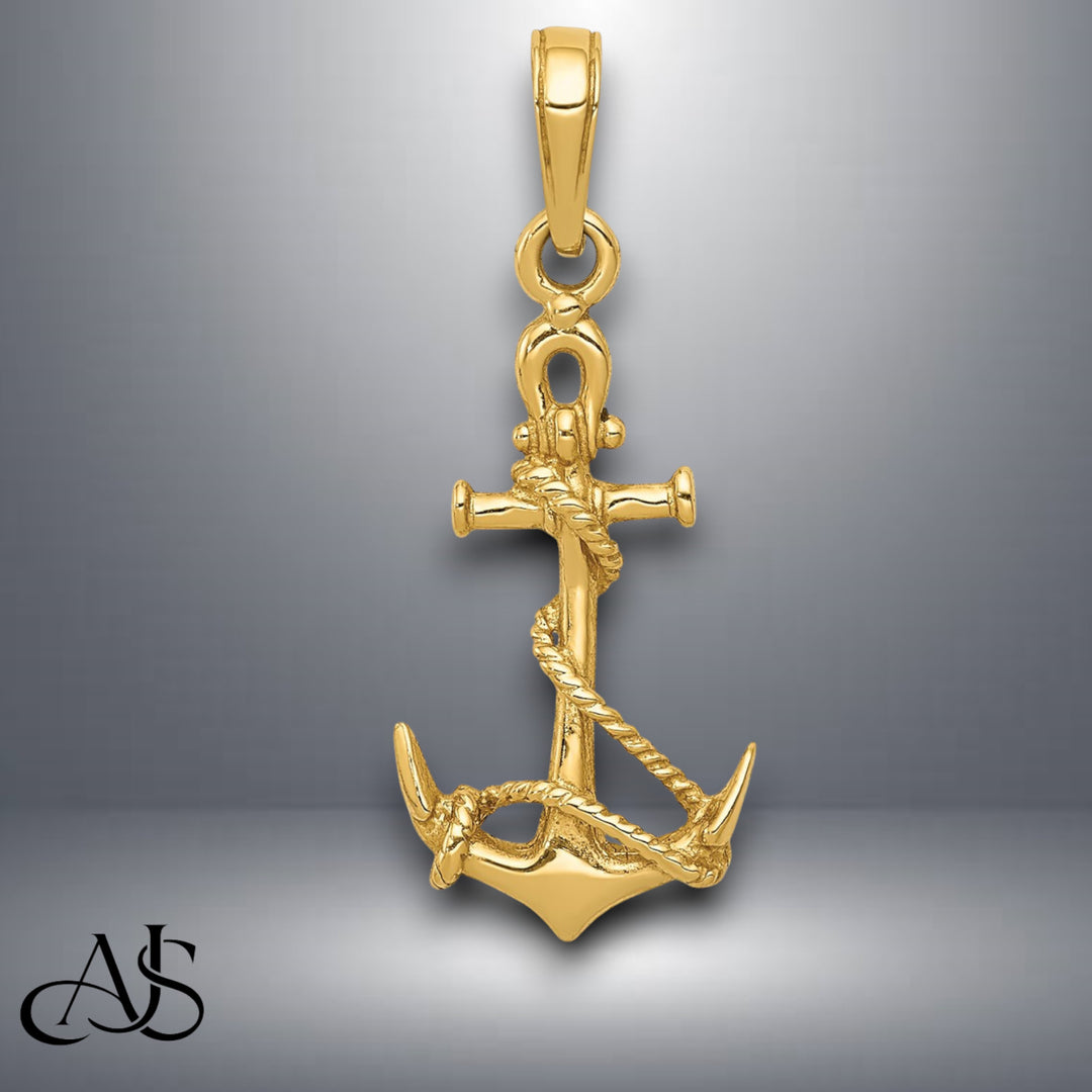 14K Yellow Gold 3-D Anchor w/Shackle and Entwined Rope Pendant with Necklace Chain Options