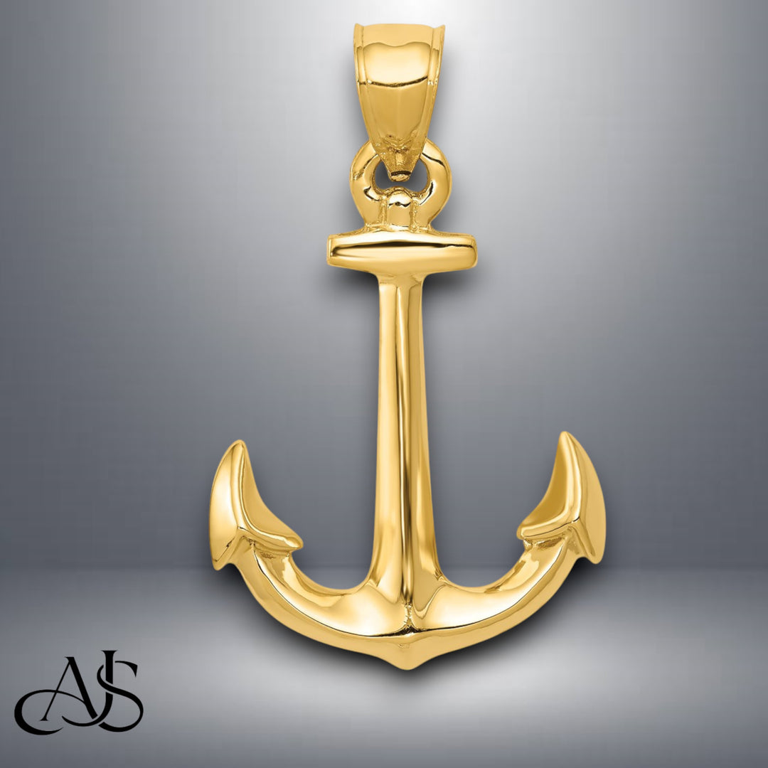 14K Yellow Gold 3-D Anchor Pendant with Necklace Chain Options