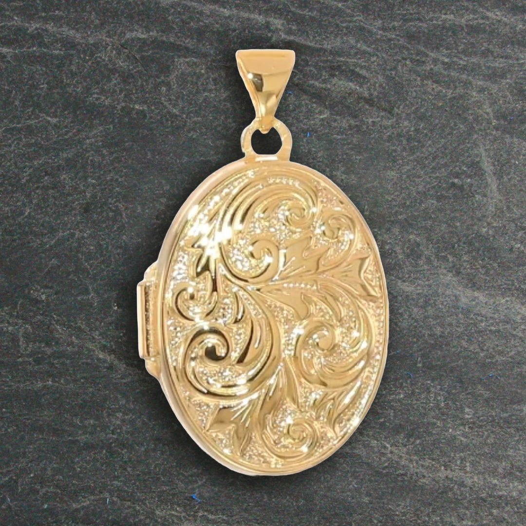 14K Yellow White Gold Polished Leaf Swirl Design LOVE YOU ALWAYS on Reverse 21mm Oval Locket  | Build Your Locket Necklace with Engraving, Photo insertions, and Chain Options