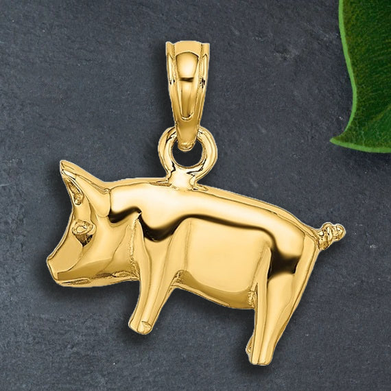 14K Yellow Gold or White Gold 3-D Polished Pig with Curly Tail Charm with Necklace Chain Options