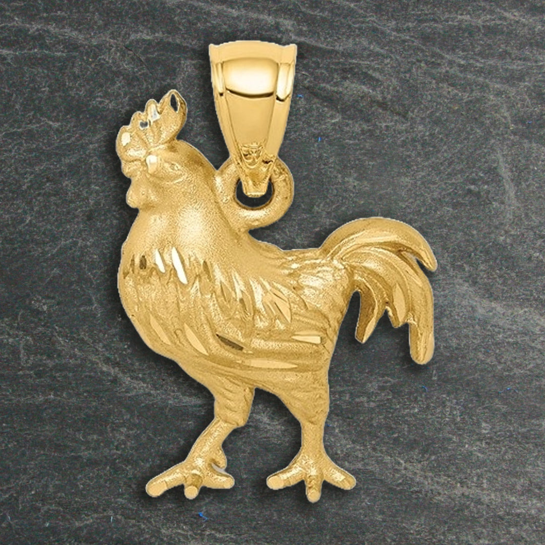 14K Yellow Gold Satin D/C Rooster Pendant with Necklace Chain Options