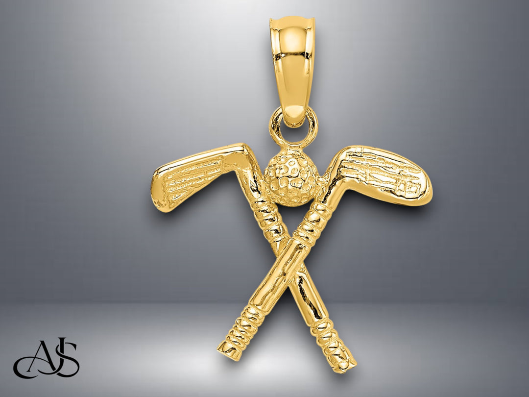 14K Yellow Gold 3-D Golf Clubs with Ball Charm with Necklace Chain Options
