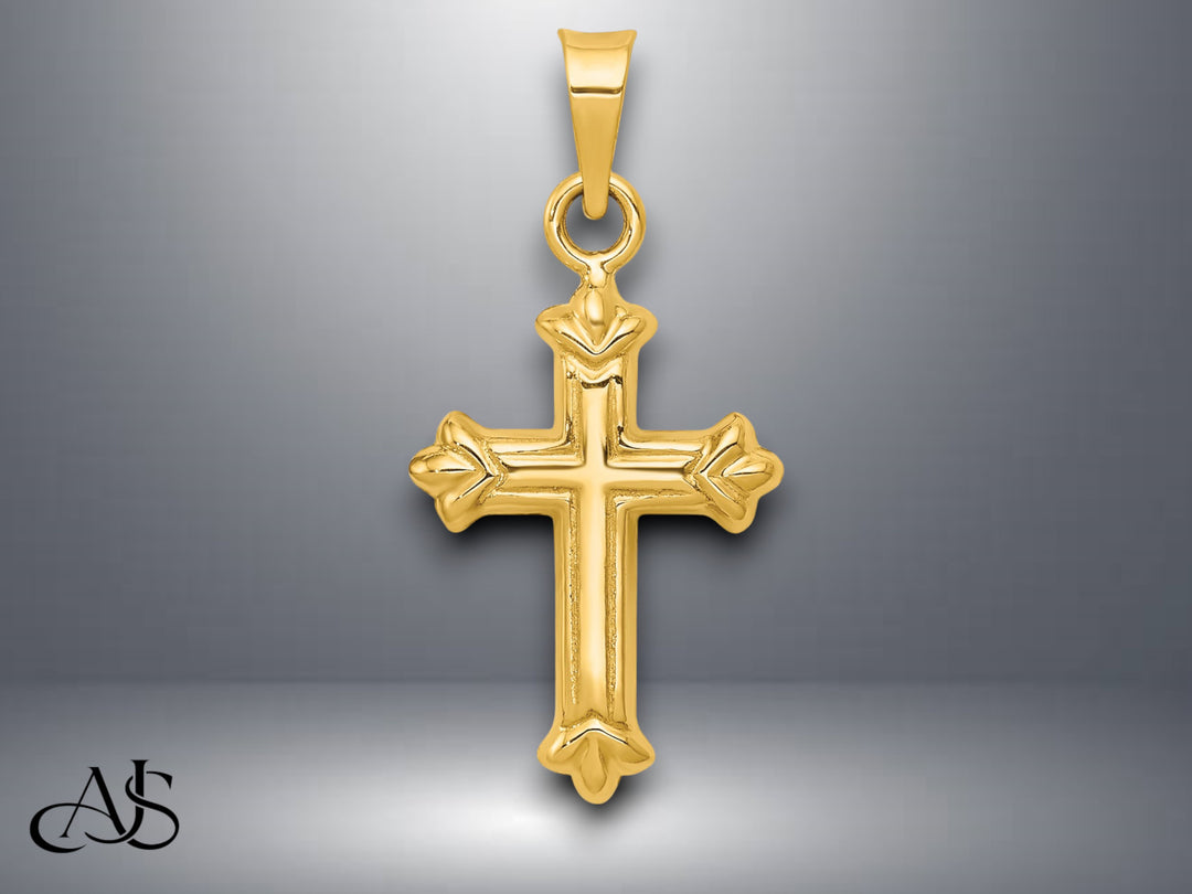 14K Yellow Gold Fleur de Lis Hollow Cross Charm with Necklace Chain Options