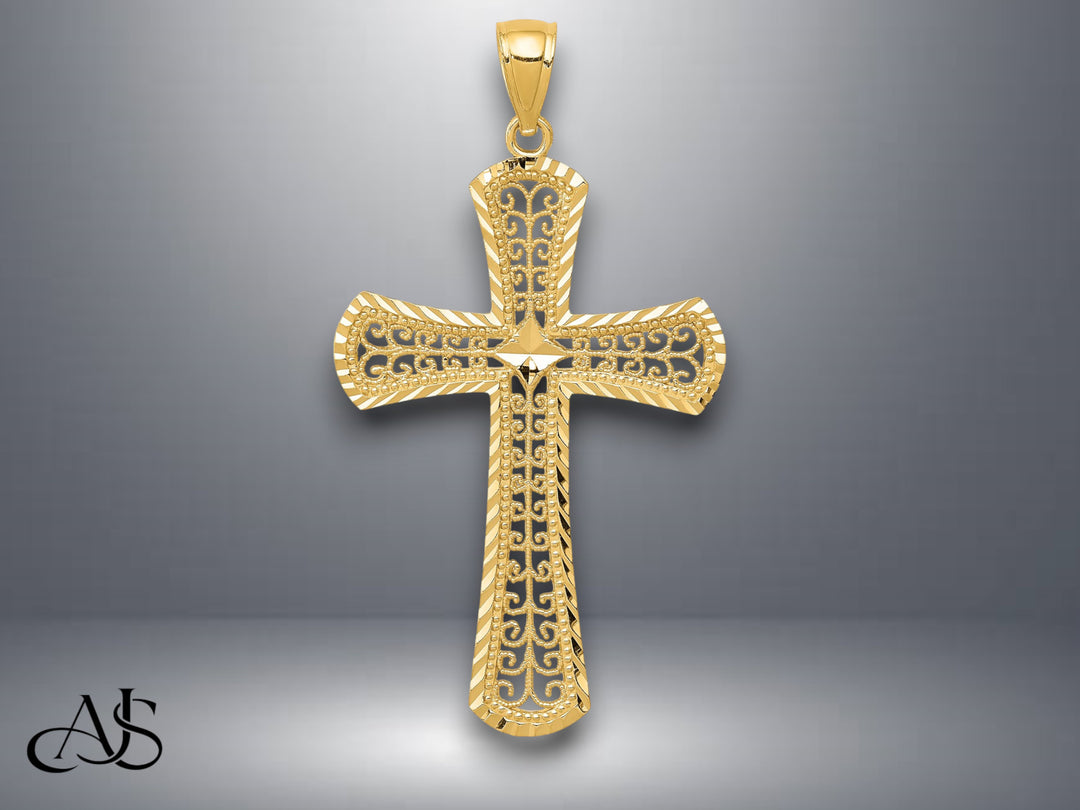 14K Yellow Gold Diamond-cut Filigree Cross Pendant with Necklace Chain Options