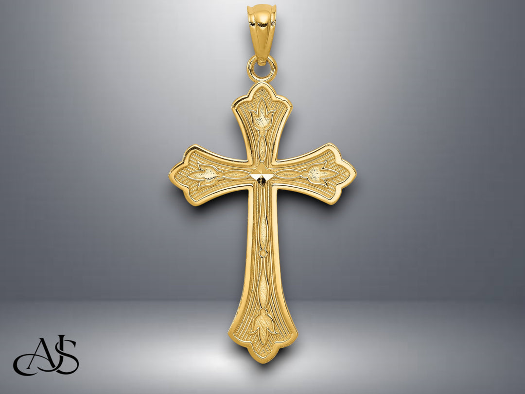 14K Yellow Gold Diamond-cut Cross Pendant with Necklace Chain Options