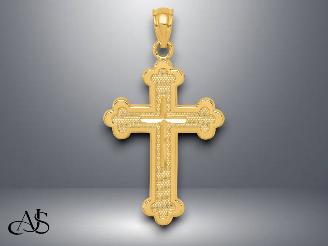 14K Yellow Gold Budded Cross Pendant with Necklace Chain Options