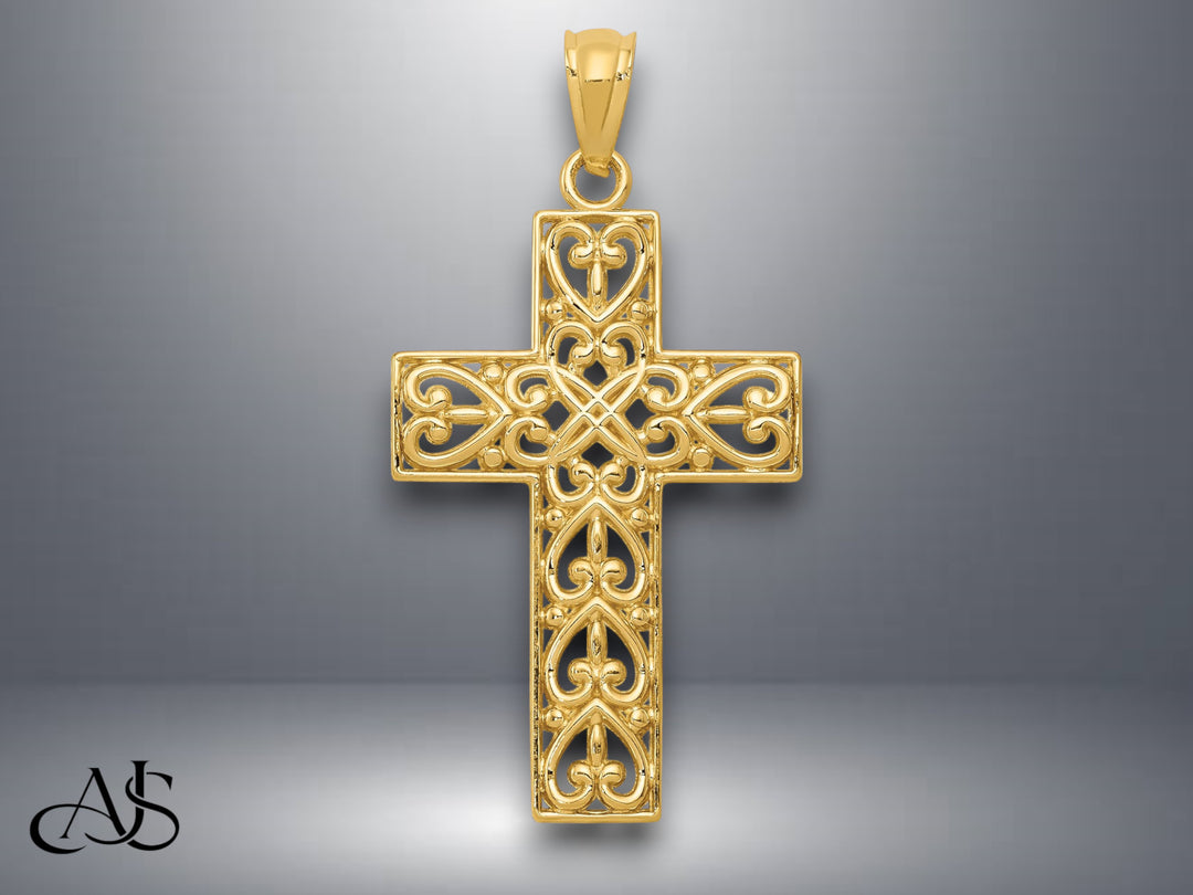 14K Yellow Gold Diamond-cut Filigree Cross Pendant with Necklace Chain Options