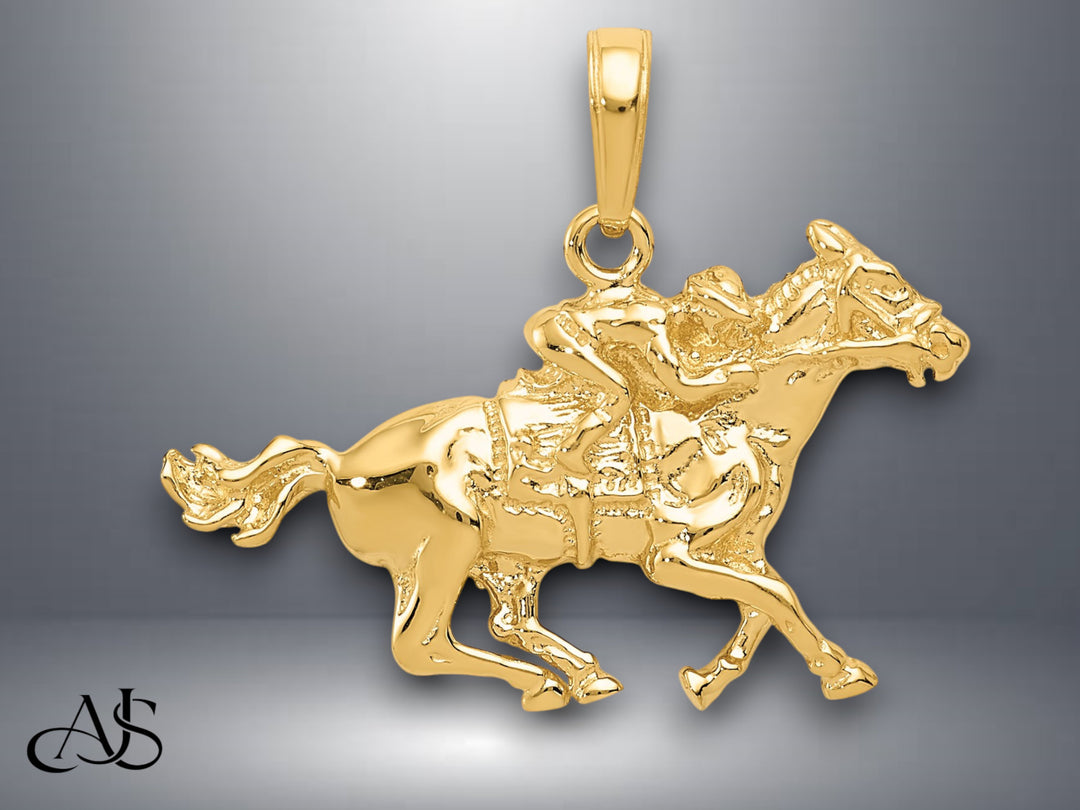 14K Yellow Gold Jockey on Horse Pendant with Necklace Chain Options