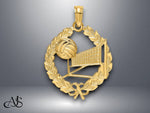 Load image into Gallery viewer, 14K Yellow Gold Volleyball Story in Leaf Circle Charm with Necklace Chain Options
