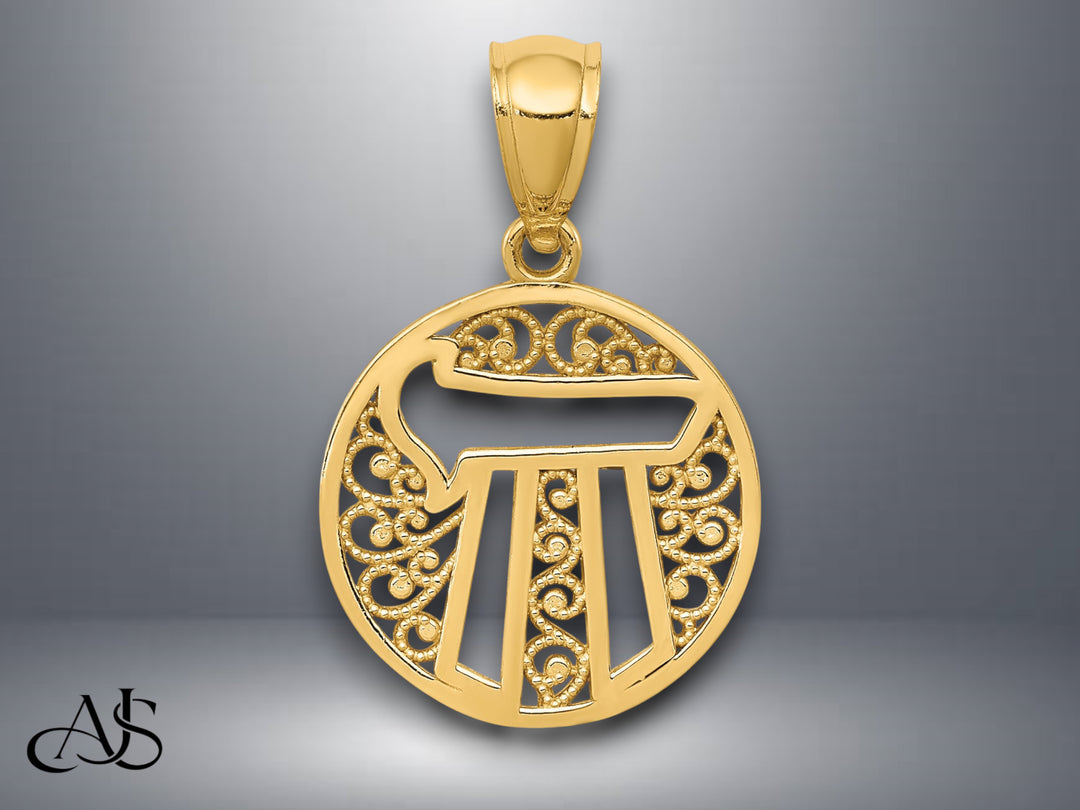 14K Yellow Gold Filigree Circle Chai Pendant with Necklace Chain Options