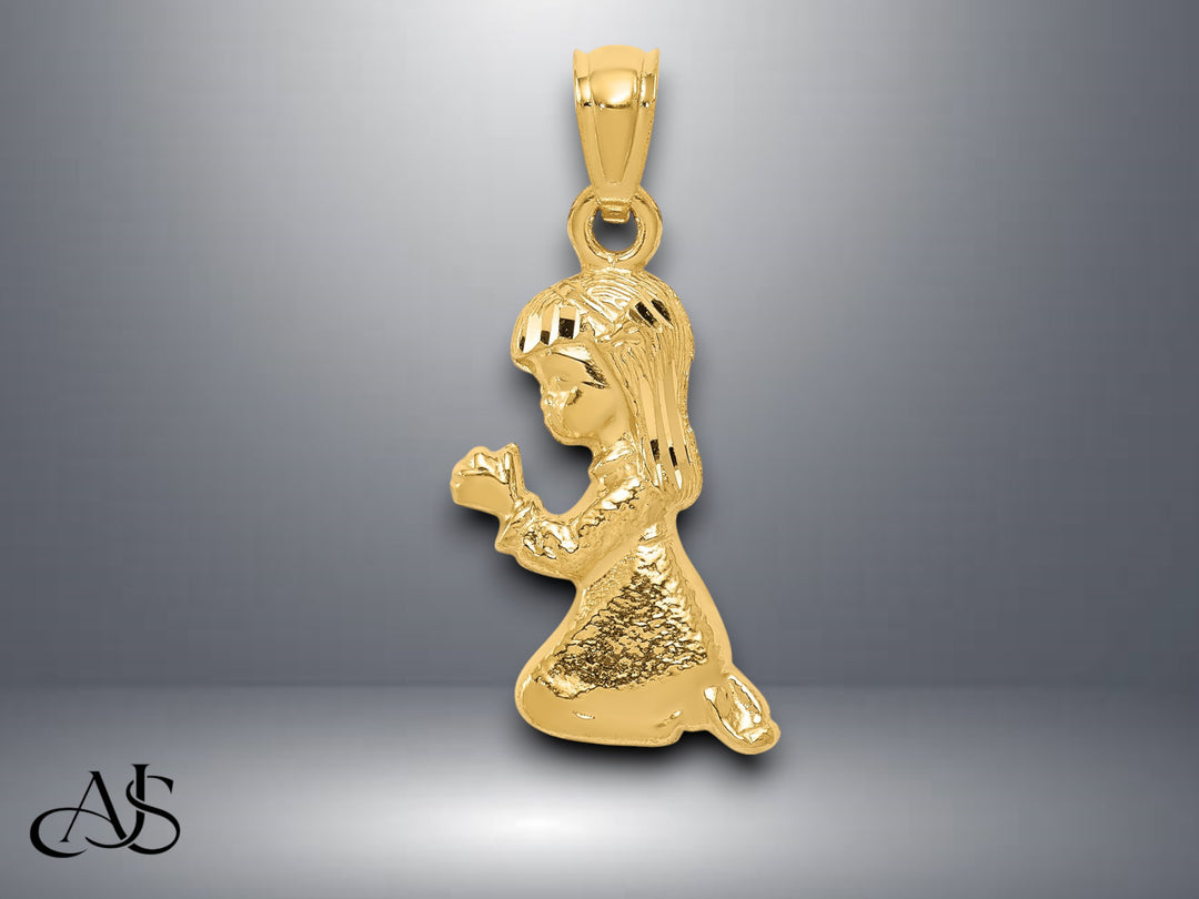 14K Yellow Gold Praying Girl Pendant with Necklace Chain Options
