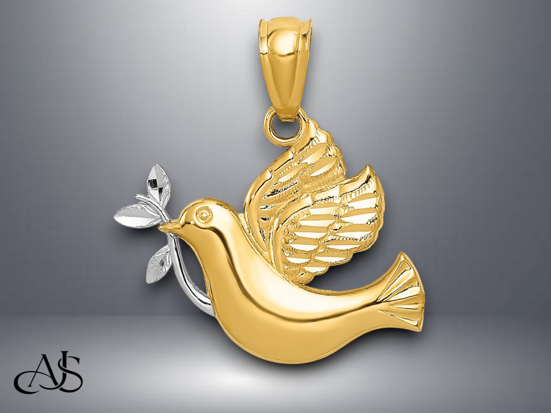 14K Yellow Gold w/Rhodium Polished Dove w/Olive Branch Pendant with Necklace Chain Options