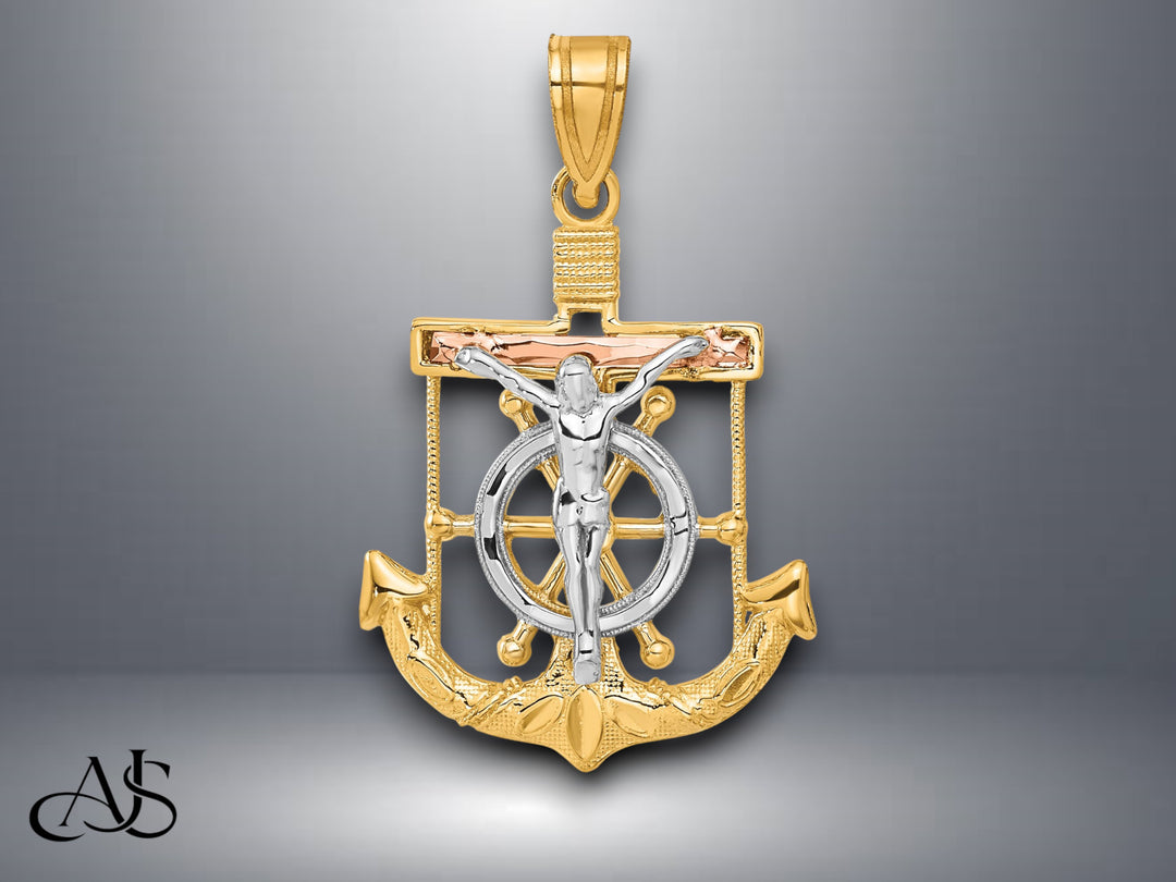 14K Tri-color Gold Diamond-cut w/Textured Mariner's Cross Pendant with Necklace Chain Options