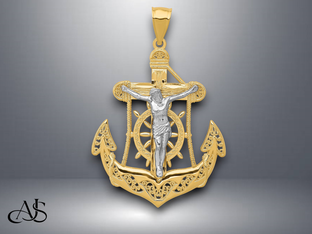 14K Two-tone Gold Mariner's Cross Pendant with Necklace Chain Options