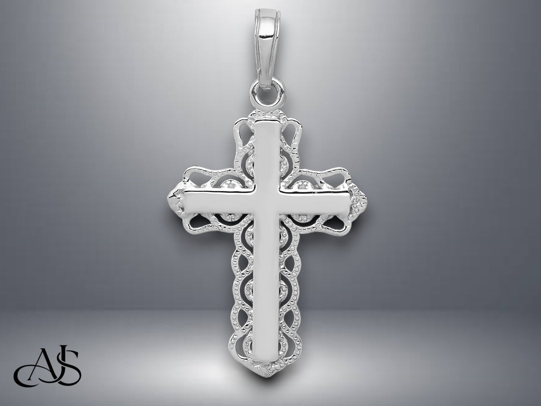 14K Yellow Gold or White Gold Lace Trim Cross Pendant with Necklace Chain Options