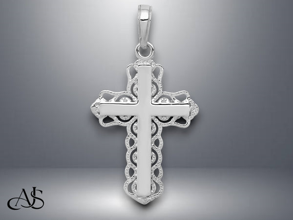 14K Yellow Gold or White Gold Lace Trim Cross Pendant with Necklace Chain Options