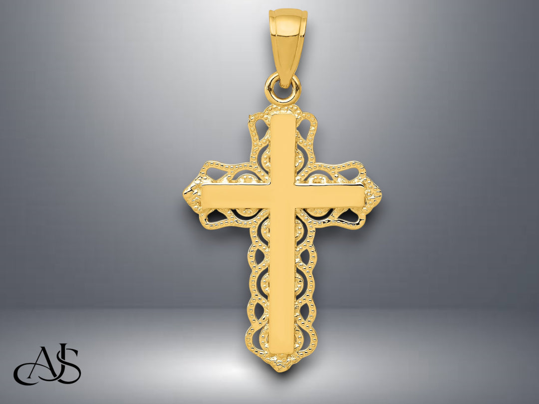 14K Yellow Gold or White Gold Lace Trim Cross Pendant with Necklace Chain Options