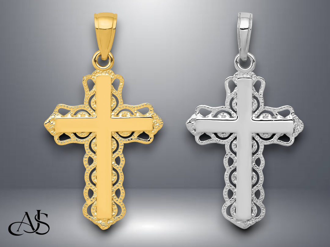 14K Yellow Gold or White Gold Lace Trim Cross Pendant with Necklace Chain Options