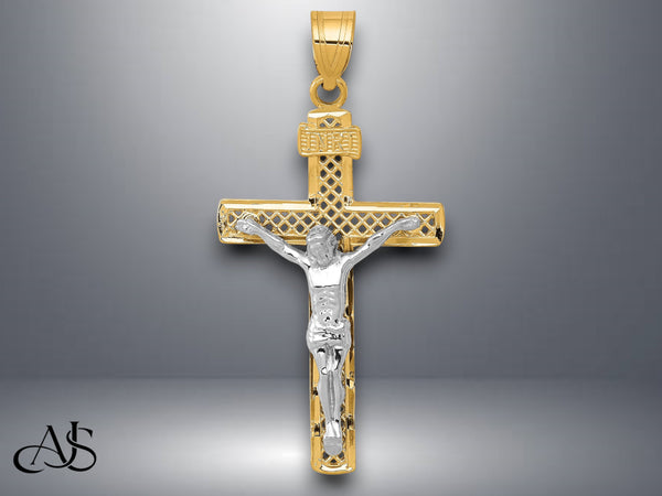 14K Two-Tone Gold Diamond-cut Lattice Cross w/Crucifix Pendant with Necklace Chain Options
