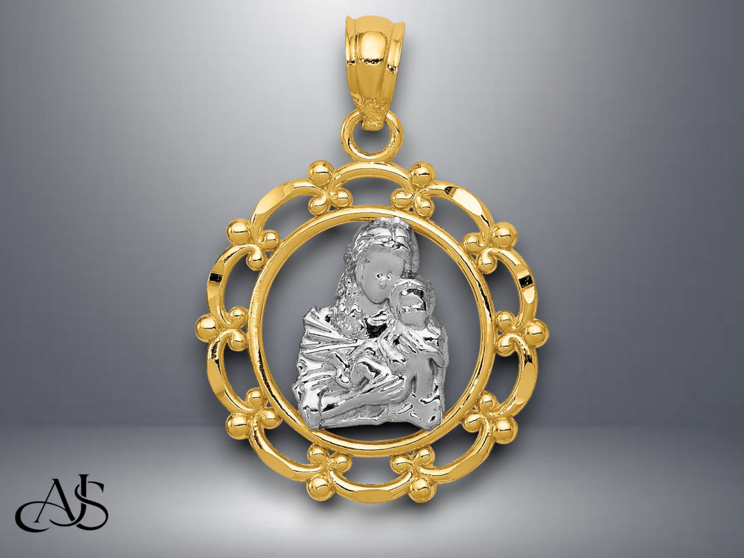 14K Yellow Gold w/Rhodium Mother Holding Baby Pendant with Necklace Chain Options