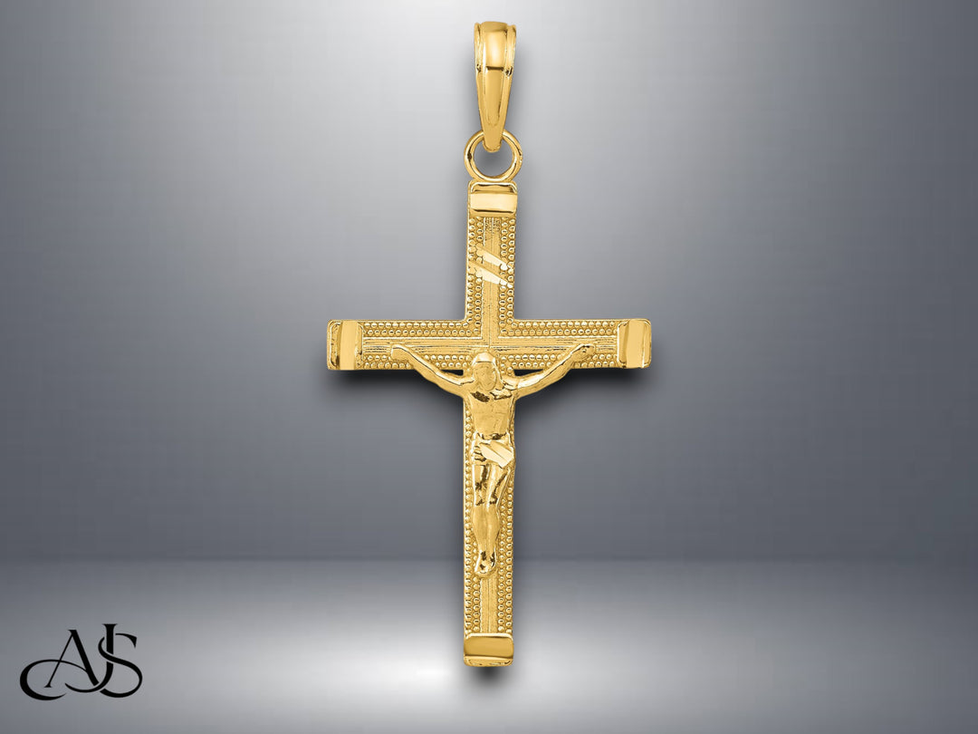 14K Yellow Gold Diamond-cut Fancy Tipped Crucifix Pendant with Necklace Chain Options