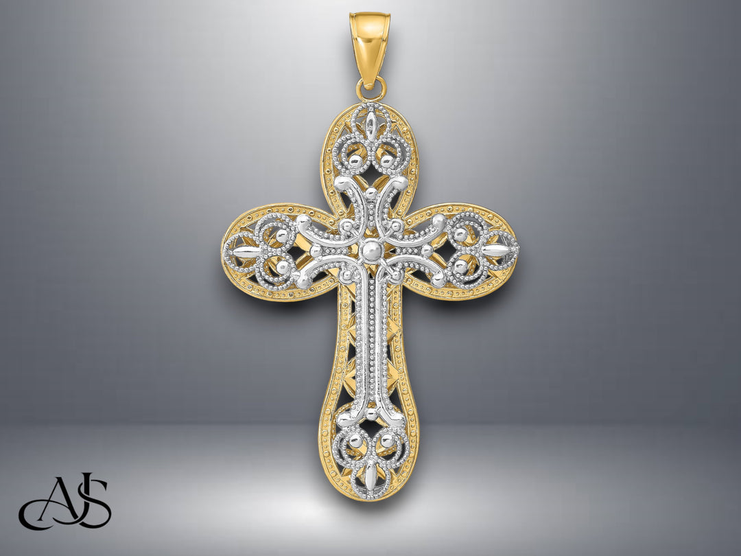 14K Two-tone Gold Diamond-cut Layered Cross Pendant with Necklace Chain Options