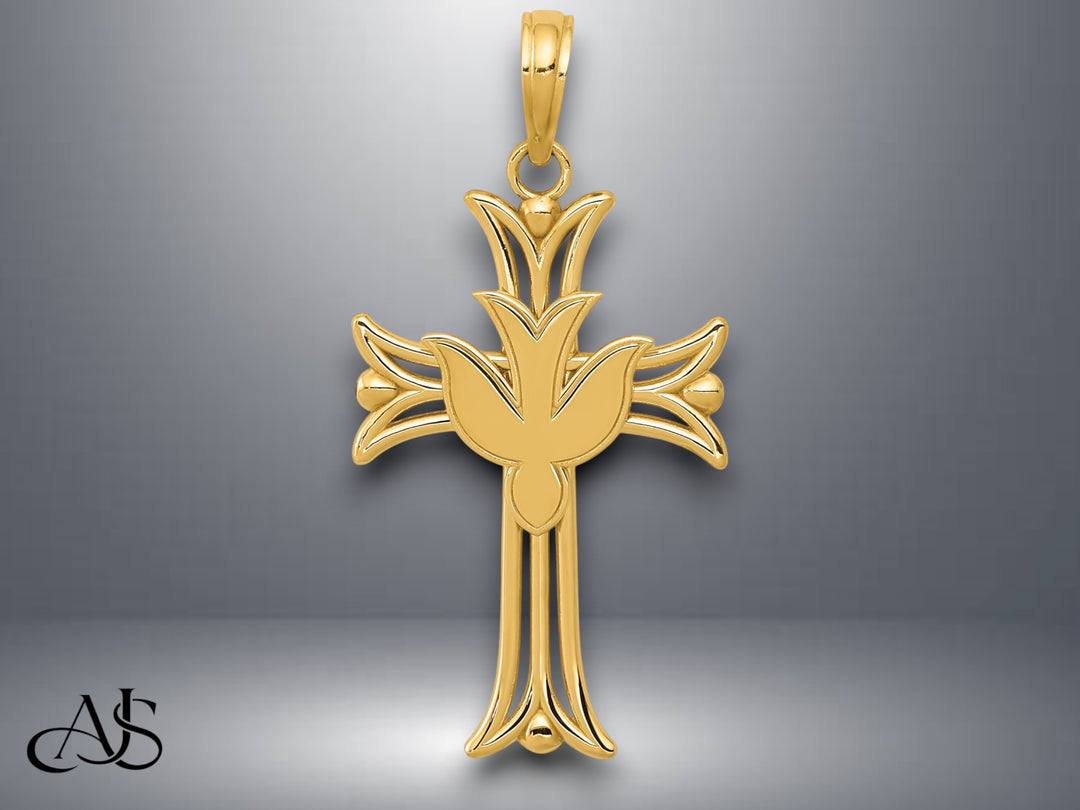 14K Yellow Gold Dove on Cross Pendant with Necklace Chain Options