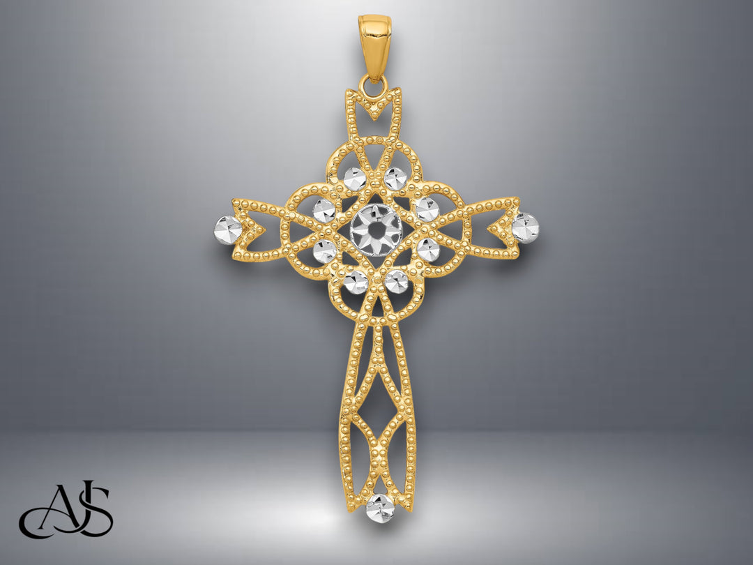 14K Yellow Gold w/Rhodium Diamond-cut Beaded Trim Infinity Cross Pendant with Necklace Chain Options