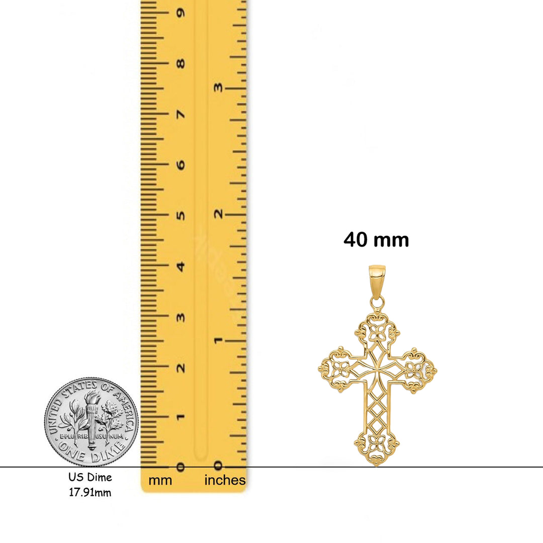 14K Yellow Gold Lacey Budded Cross Pendant with Necklace Chain Options