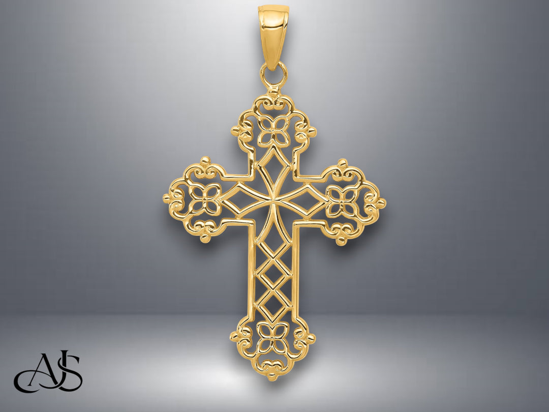 14K Yellow Gold Lacey Budded Cross Pendant with Necklace Chain Options