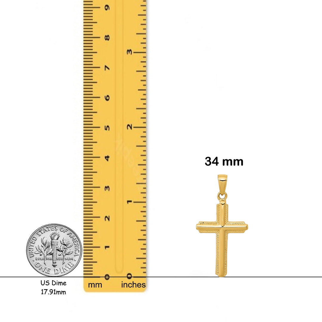 14K Yellow Gold Cross with Striped Border Pendant with Necklace Chain Options