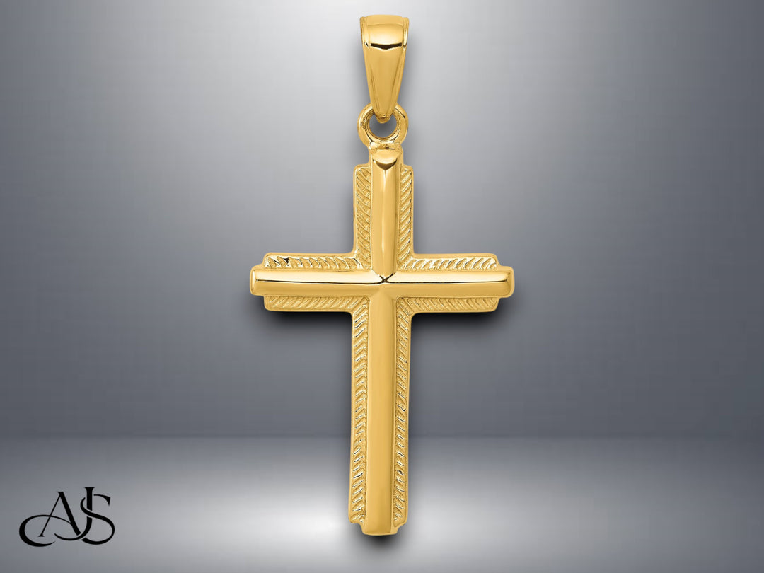 14K Yellow Gold Cross with Striped Border Pendant with Necklace Chain Options
