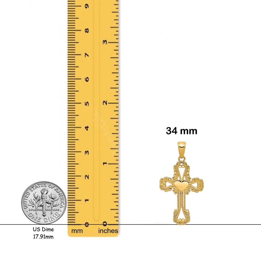 14K Yellow Gold Beaded Cross with Heart Pendant with Necklace Chain Options