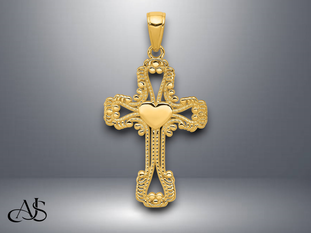 14K Yellow Gold Beaded Cross with Heart Pendant with Necklace Chain Options