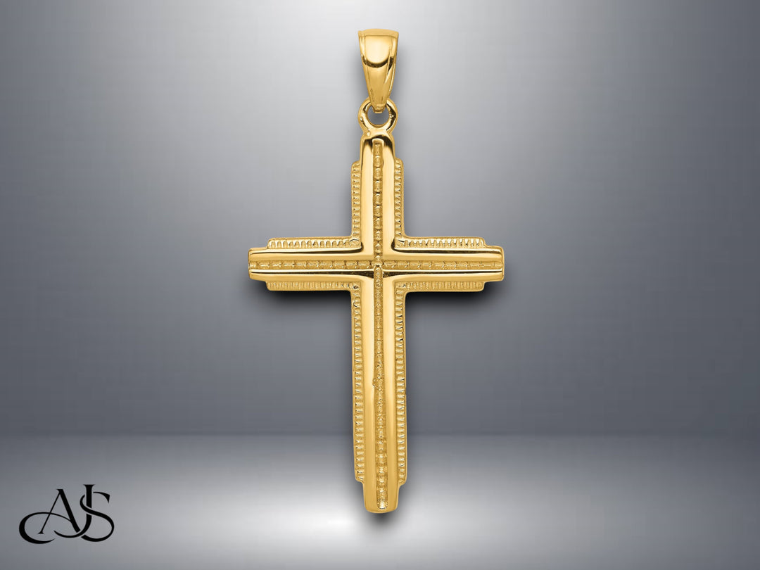 14K Yellow Gold Textured Outline Cross Pendant with Necklace Chain Options