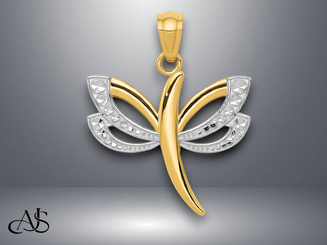 14K Yellow Gold w/Rhodium Dragonfly Pendant with Necklace Chain Options