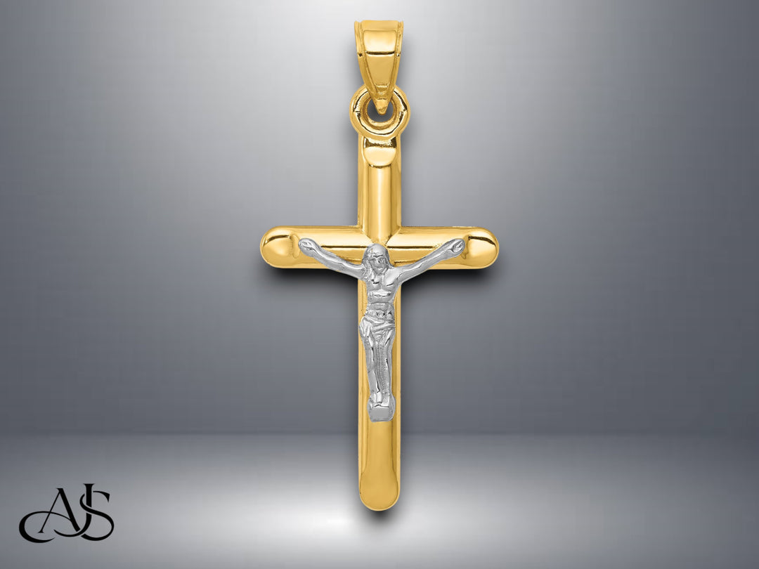 14K Two-tone Gold Hollow Crucifix Pendant with Necklace Chain Options