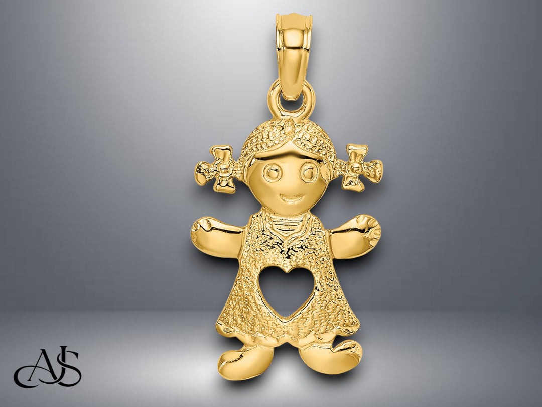 14K Yellow Gold Playful Girl or Boy w/Cut Out Heart Charm with Necklace Chain Options