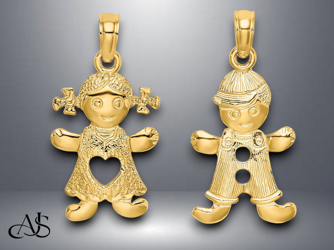 14K Yellow Gold Playful Girl or Boy w/Cut Out Heart Charm with Necklace Chain Options
