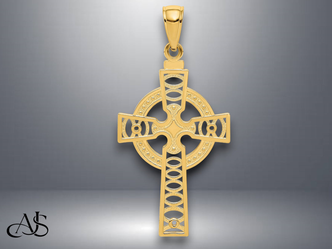 14K Yellow Gold or White Gold Celtic Cross with Eternity Circle Pendant with Necklace Chain Options