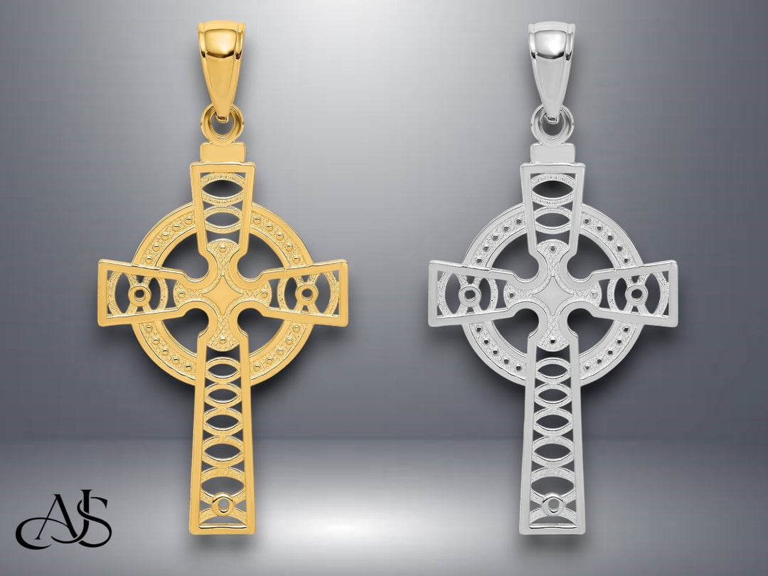 14K Yellow Gold or White Gold Celtic Cross with Eternity Circle Pendant with Necklace Chain Options